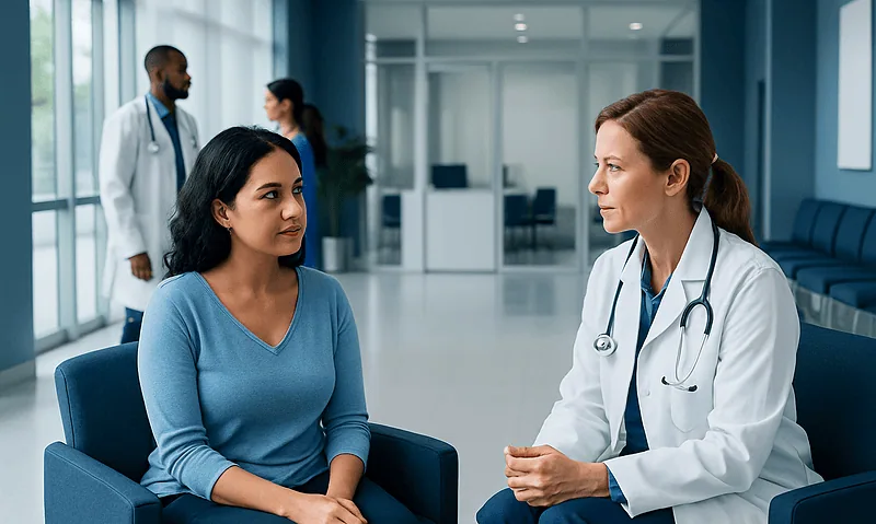 Female patient consulting with a doctor in a modern hospital setting.
