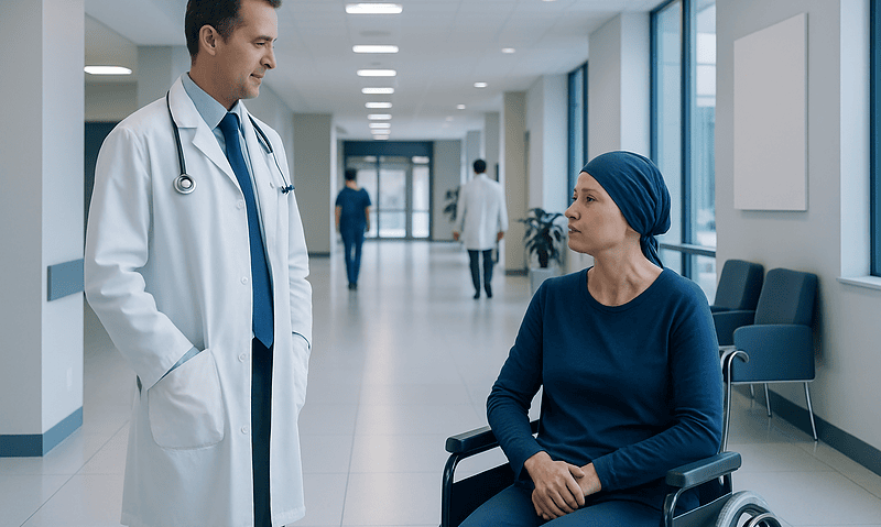 Doctor talking to a patient in a hospital corridor.
