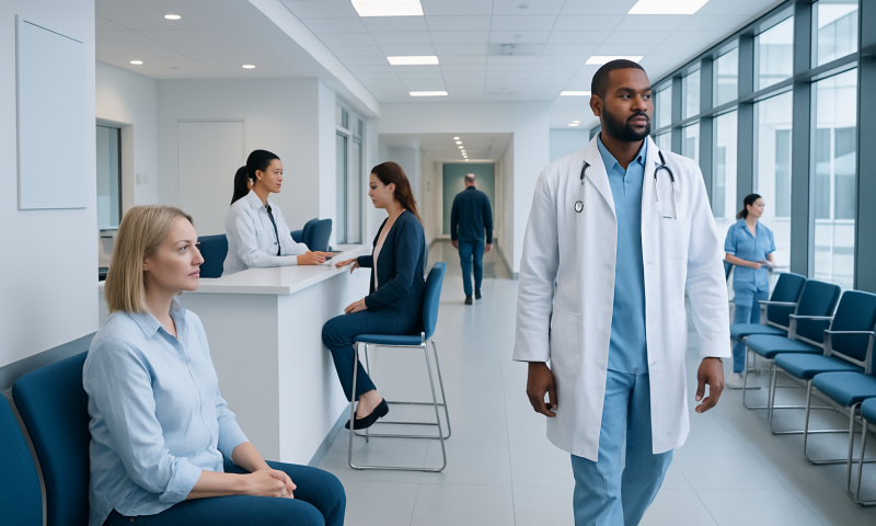 Medical professionals and patients in a modern hospital waiting area.