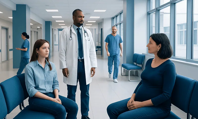 Doctor consulting pregnant woman in hospital corridor with staff in background.