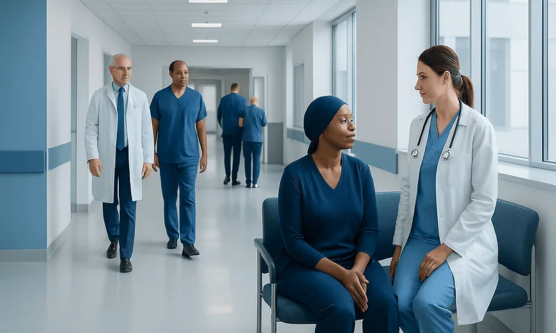Healthcare professionals and nurse in hospital corridor at Acibadem Hospitals Group.