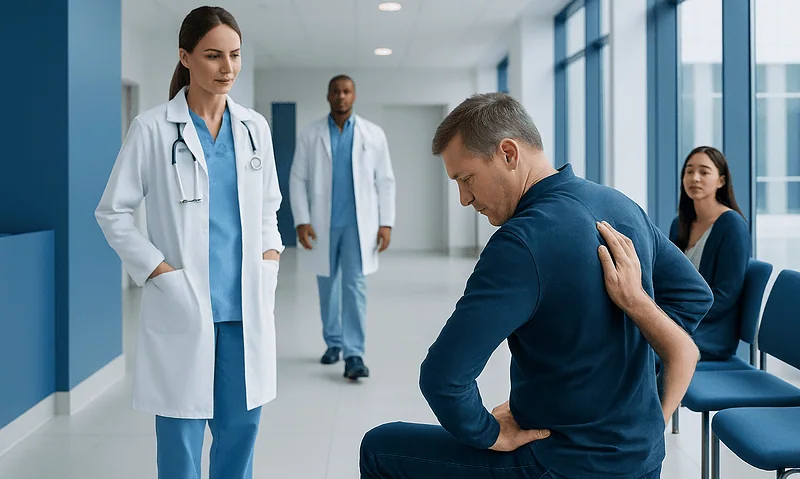 Patient experiencing upper back pain in a hospital corridor with medical staff nearby.