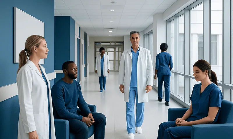 Medical team in hospital corridor preparing for patient care.