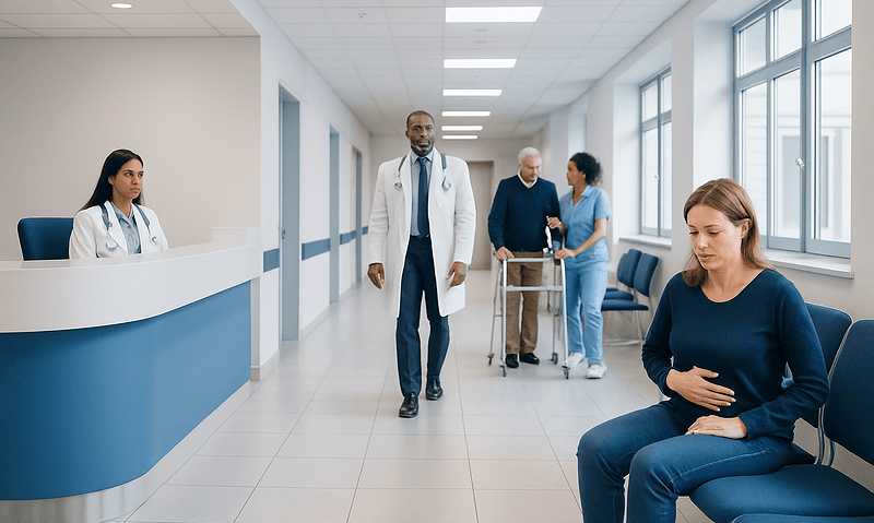 Patient experiencing stomach discomfort in hospital waiting area.