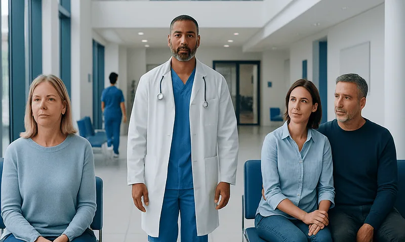 Doctor consulting with patients in a modern hospital lobby.