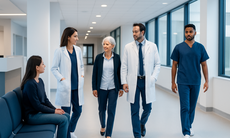 Medical team walking in hospital corridor with patients and staff.