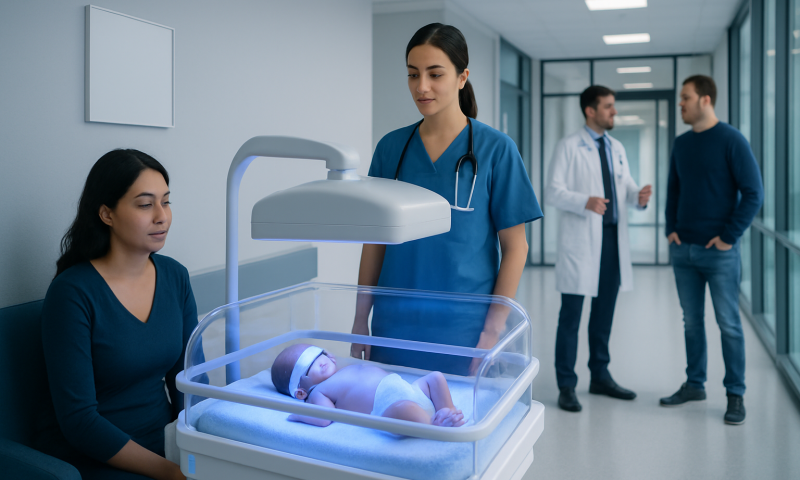 Newborn receiving light therapy in hospital incubator at Acibadem Hospital.