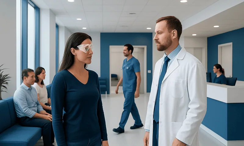 Patient consulting with doctor in hospital waiting area.