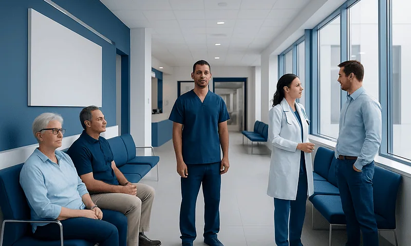 Hospital waiting area with medical staff and patients in Turkey.