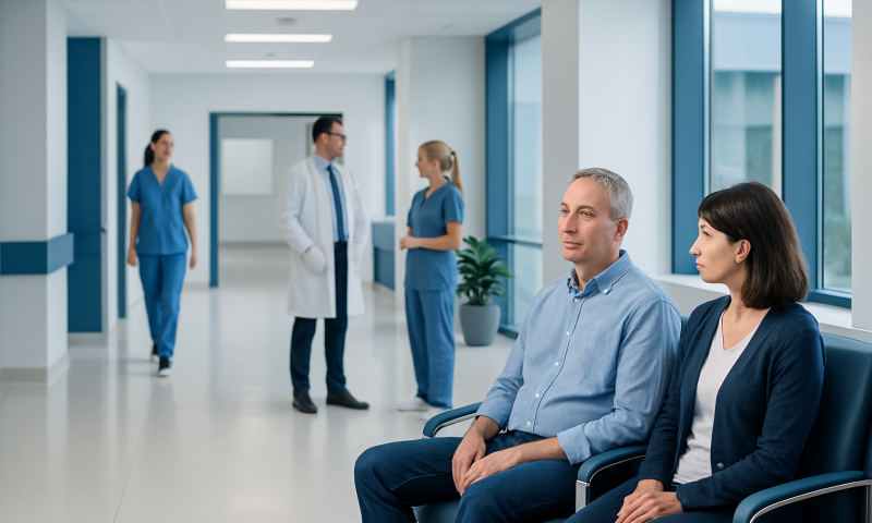 Patients waiting in a hospital corridor with medical staff in the background.