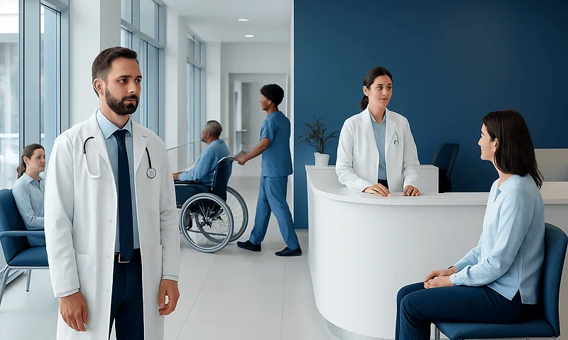 Medical staff and patients in a modern hospital reception area.