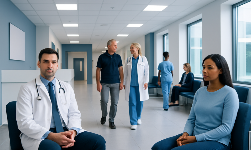 Hospital waiting area with doctors and patients in a modern medical facility.