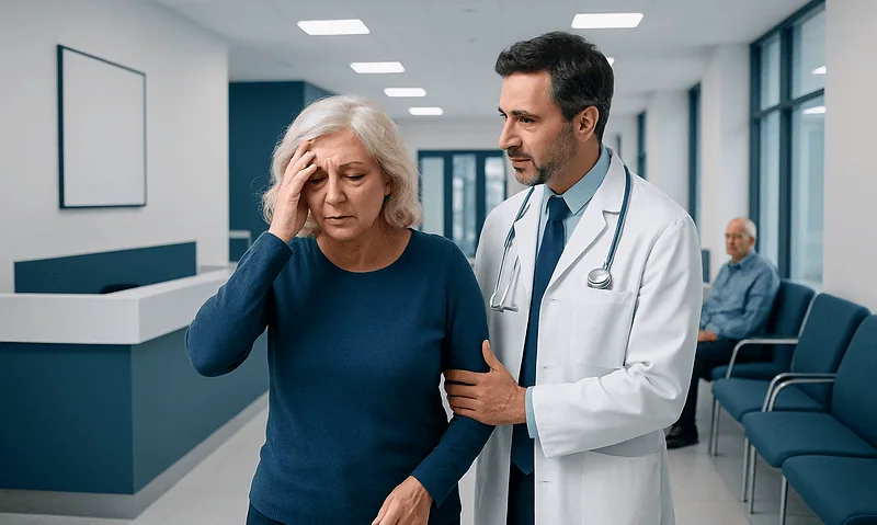 Doctor examines elderly woman with headache in hospital corridor.