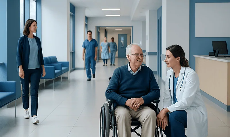 Hospital staff and patient in a modern healthcare facility corridor.