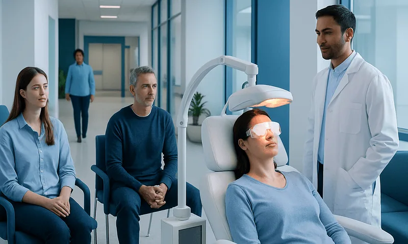 Patient undergoing low level light therapy for dry eyes at Acibadem Hospital.