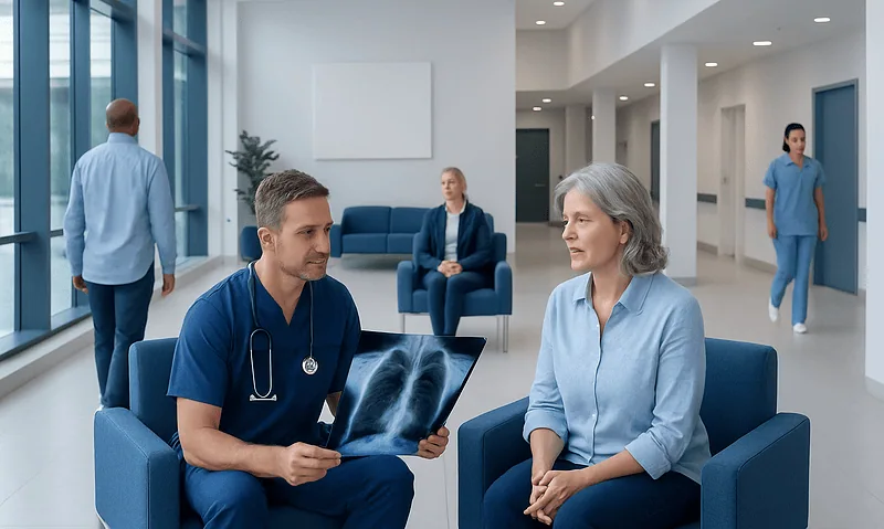 Doctor discussing lung X-ray with a patient in a hospital waiting area.