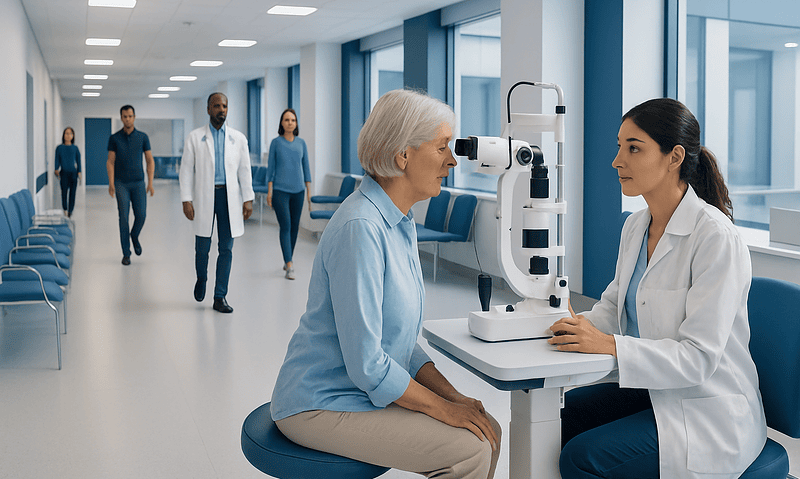 Optometrist examines elderly woman's eyes with slit lamp in clinic.