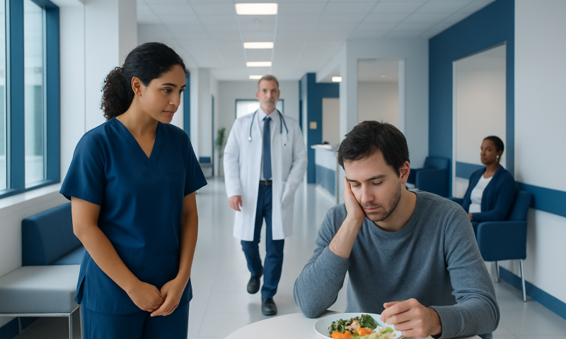 Patient feeling unwell in hospital waiting area with medical staff nearby.