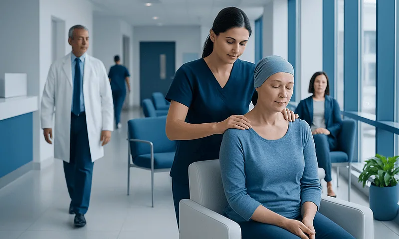 Healthcare professional providing massage therapy to a patient in hospital corridor.