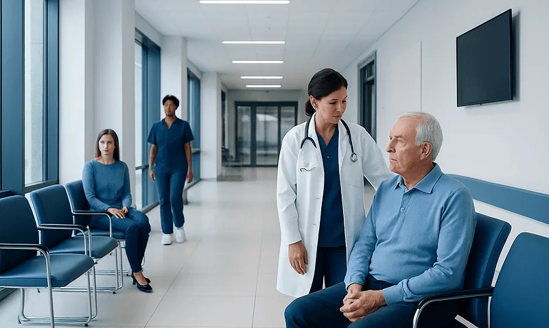 Doctor consulting with senior patient in hospital corridor.