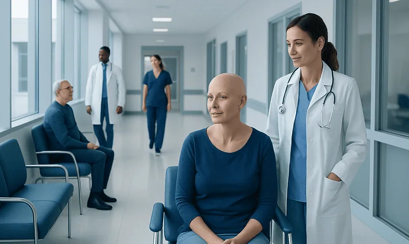 Patient receiving chemotherapy treatment in a hospital corridor.