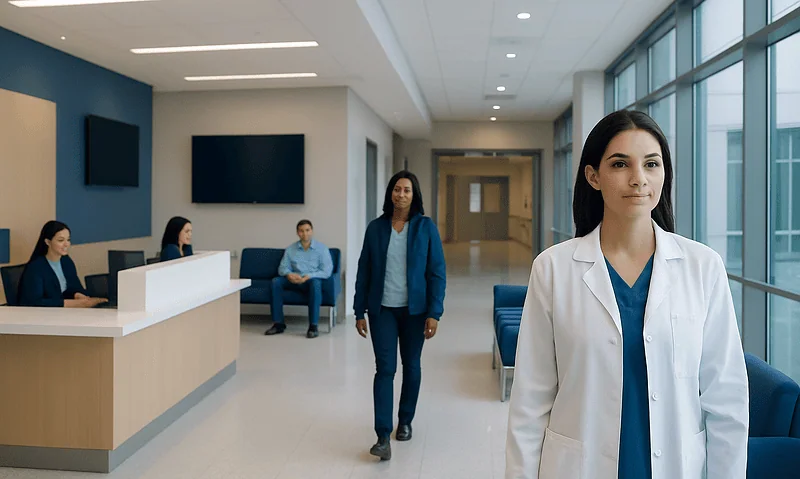 Medical staff in hospital lobby with large windows and seating area.