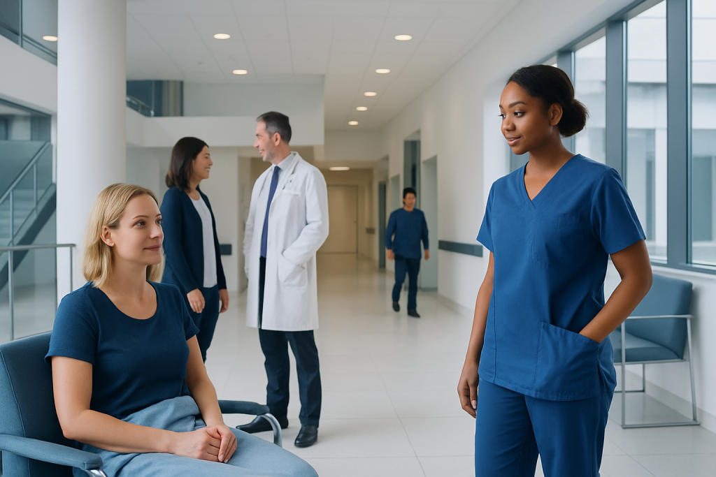 How to Relieve Pain after Surgery Naturally: Procedure, Recovery and Results 1 Healthcare professionals and patient in a hospital corridor at Acibadem Hospitals Group.