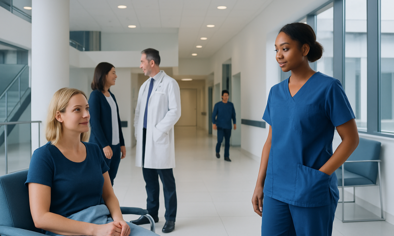 Healthcare professionals and patient in a hospital corridor at Acibadem Hospitals Group.