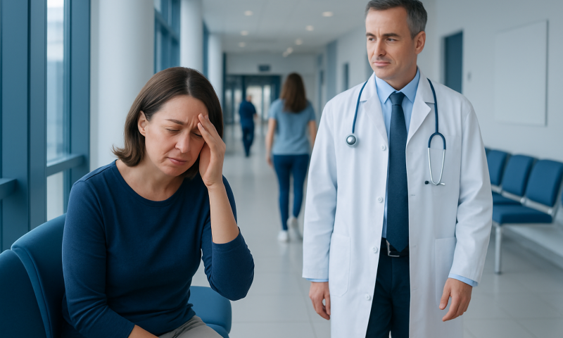 Patient experiencing nausea during radiation therapy consultation at hospital.