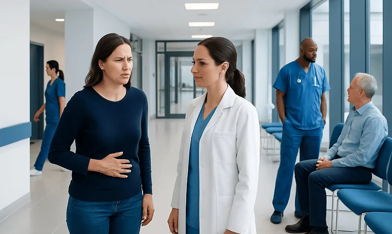 Patient experiencing nausea in hospital corridor with medical staff nearby.