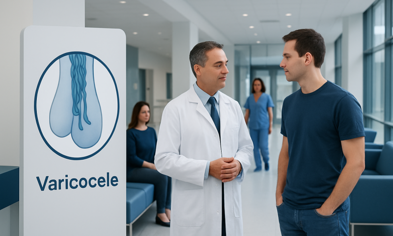 Doctor discussing varicocele treatment options with a patient in a hospital corridor.
