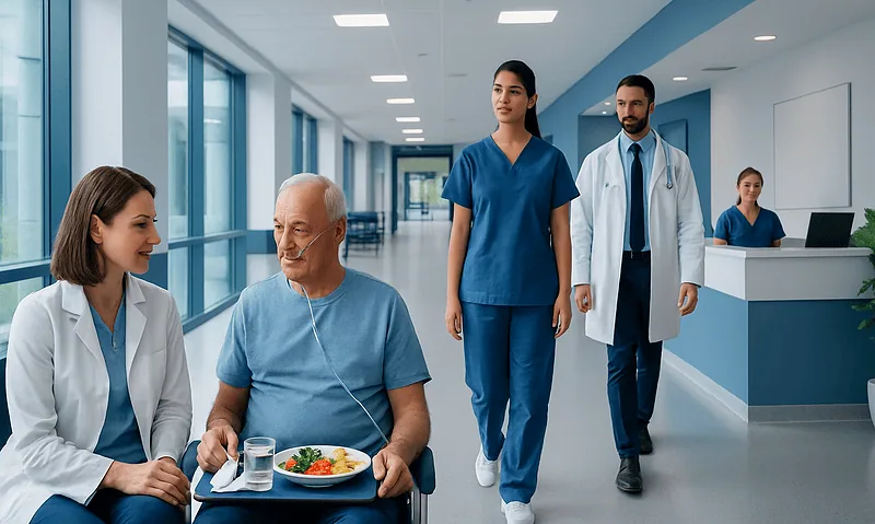 Hospital staff attending to a patient in a modern healthcare facility.