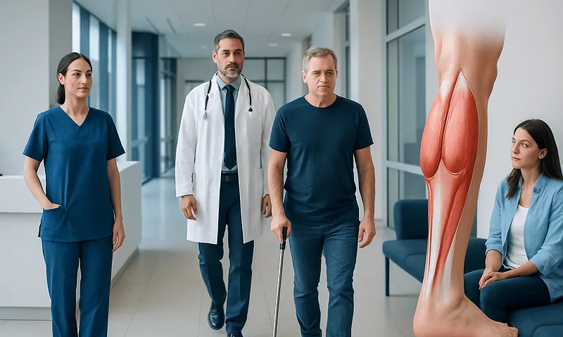 Medical team walking with patient in hospital corridor with calf muscle diagram.