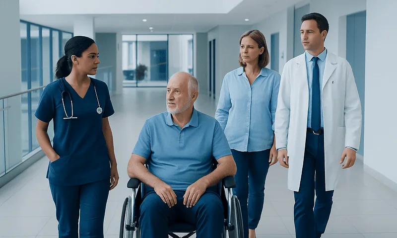 Medical team consulting with elderly patient in hospital corridor.