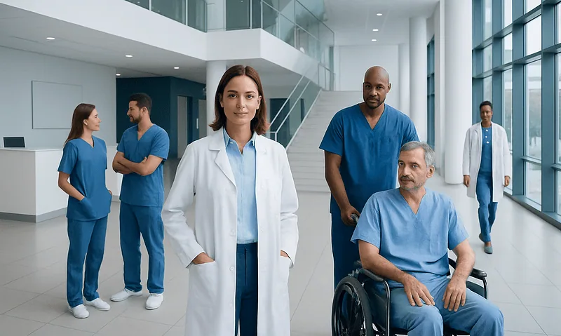 Diverse medical team in hospital corridor with large windows and modern design.