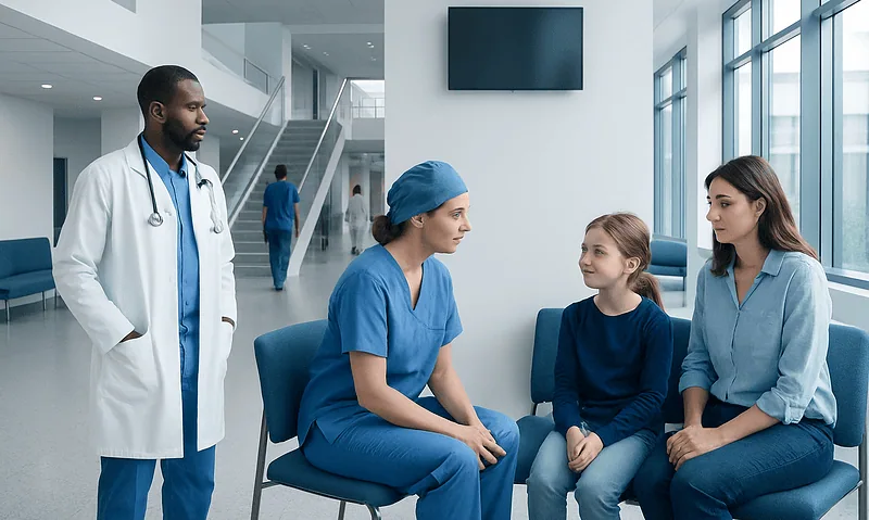 Medical team consulting with young patient in hospital lobby.