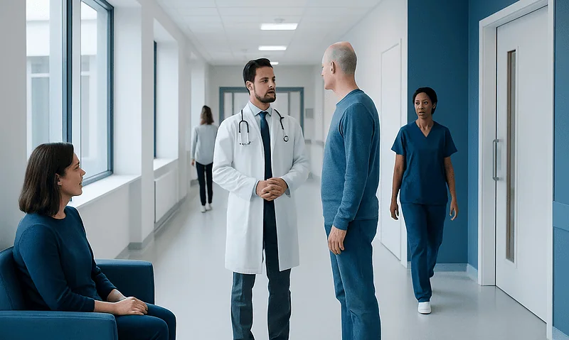 Doctor consulting with patient in hospital corridor with nurse nearby.