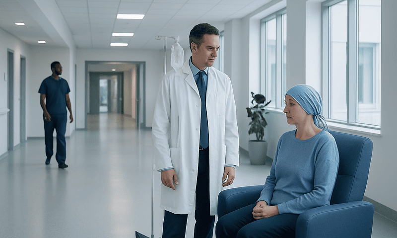 Doctor consulting a patient in a hospital corridor with chemotherapy cap.