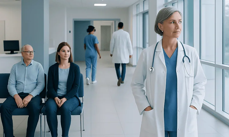 Healthcare professionals and patients in a modern hospital corridor.
