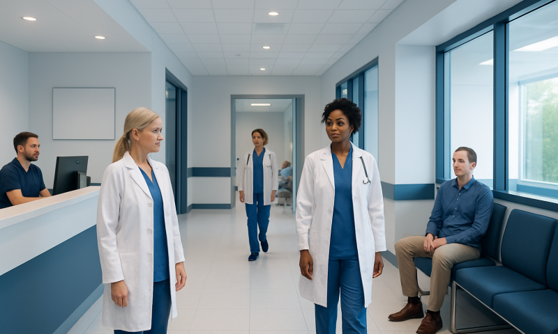 Healthcare professionals and patients in a modern hospital corridor.
