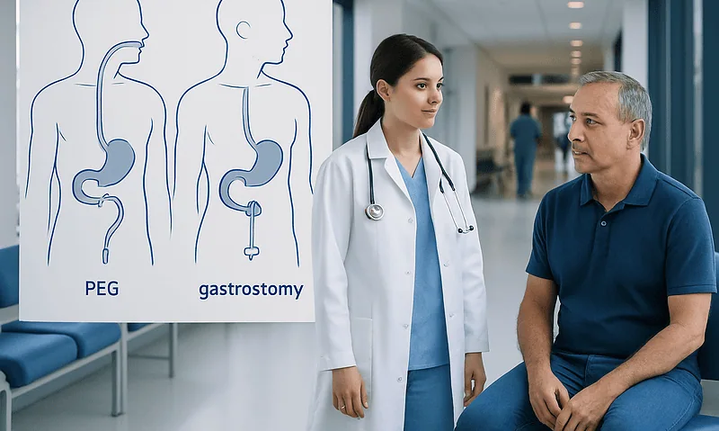 Comparison of PEG and gastrostomy procedures in medical illustration.