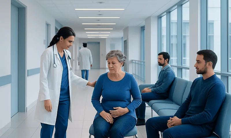 Doctor consulting with elderly woman in hospital corridor.