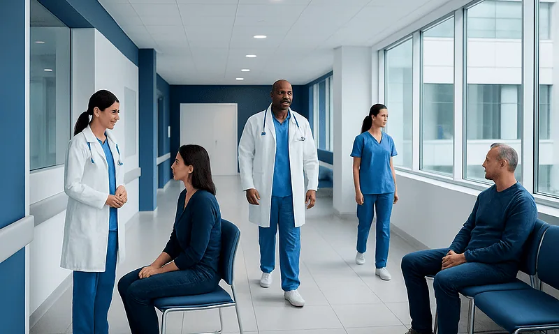 Medical team consulting with patients in a modern hospital corridor.
