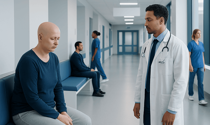 Doctor consulting a patient in hospital corridor with other patients nearby.