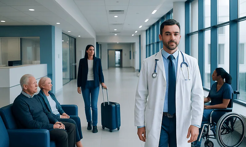 Healthcare professionals and patients in a modern hospital corridor.