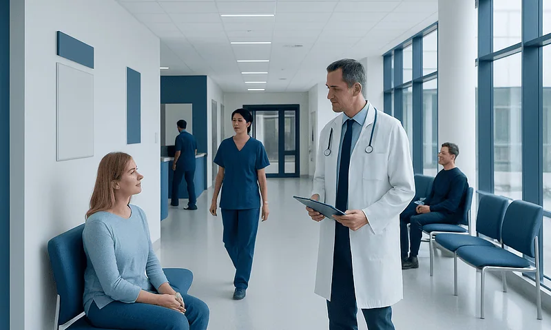 Doctor consulting with a patient in a modern hospital corridor.