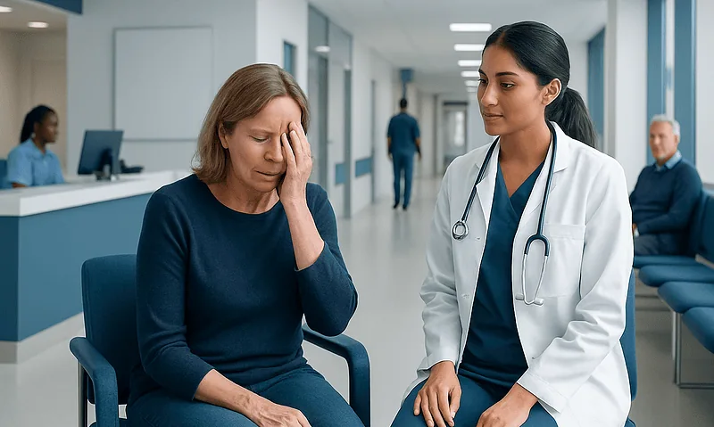 Doctor consulting with a patient in a hospital corridor.