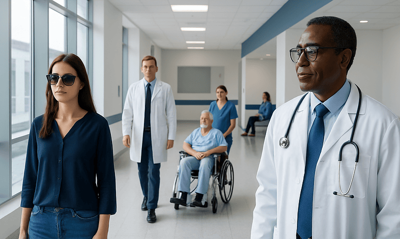 Medical professionals and a patient in a hospital corridor.