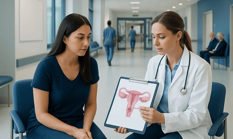 Doctor explaining polycystic ovaries to patient in a hospital setting.