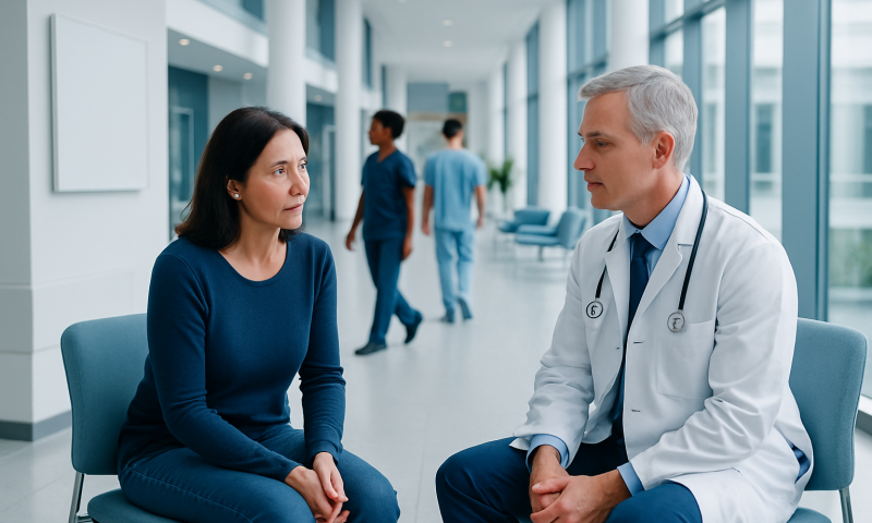 Doctor consulting with a female patient in a modern hospital corridor.